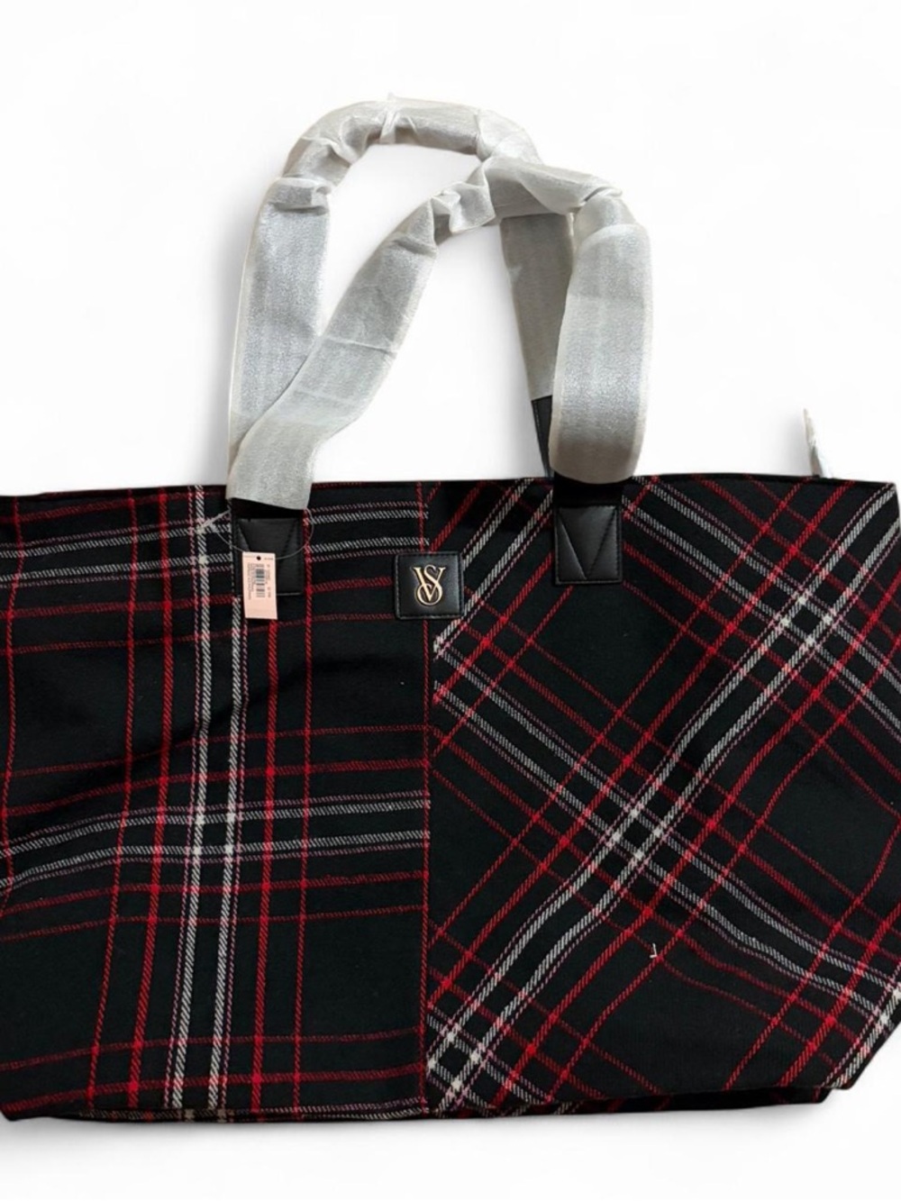 Victoria's Secret Black Plaid Tote Red & White stripped